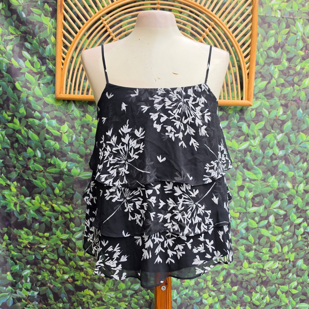 Banana Republic Womens Small Black White Floral Tiered Ruffle Camisole Blouse